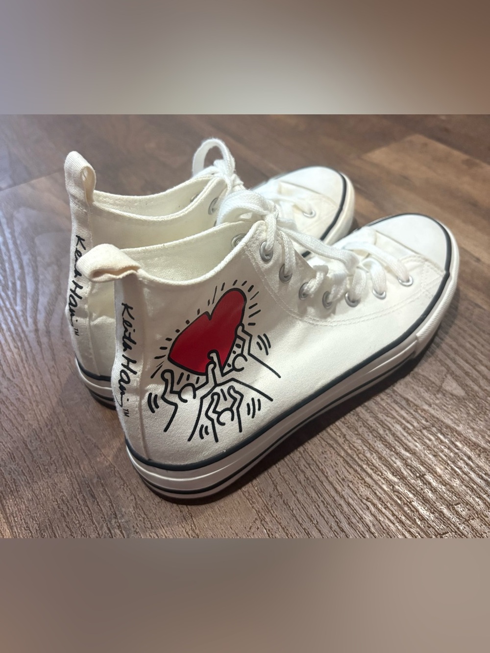 Keith Haring White High-Top Sneakers with Red Heart Graphic